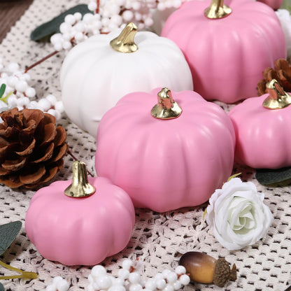 Artificial Pumpkin Eucalyptus Leaves Fall Decor, 56 PCS Fall Harvest Decorations for Halloween Thanksgiving with Pumpkins Acorns Pinecones Berries Leaves for Farmhouse Table Tiered Tray(White,Pink)