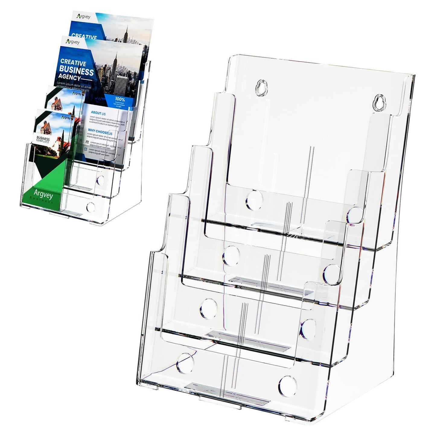 Argvey Acrylic Brochure Holder 8.5 x 11 inches, 4 Tier Clear Brochure Display Stand with Removable Divider for Trifold 4 Inches Wide Pamphlet, Plastic Flyer Holder for Magazine, Literature, Booklet