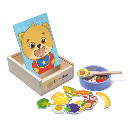 Bimi Boo Wooden Feeding Toy - Montessori Scooping & Fine Motor Toy for Toddlers 1-4 | Speech Therapy & Occupational Therapy Pretend Play Food Set | 27 Foods, Spoon & Bowl