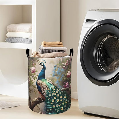 Majestic Peacock Among Blossoming Flowers Laundry Basket