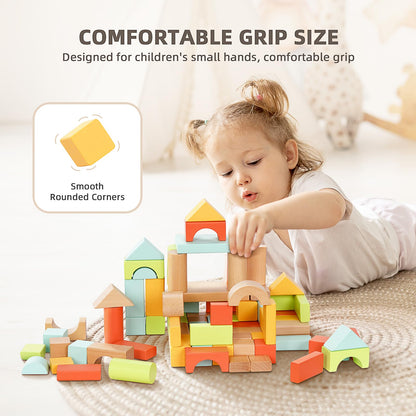 SproutSpace 100pcs Building Blocks for Toddlers 1-3, Wooden Blocks for Kids with Storage Bucket and Shape Sorter, Stacking Toys or 1 2 3 Year Old, Learning Toys for Preschool Girls and Boys