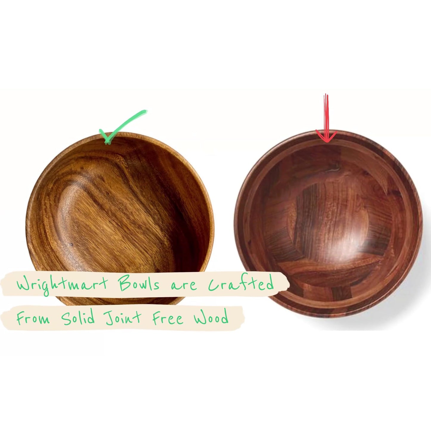 WRIGHTMART Wooden Bowls for Food Set of 4, 7 Inch Solid Acacia Wood Bowls, Joint-Free Wooden Salad Bowls, Non Laminated Handmade Bowls for Cereal, Fruit & Pasta