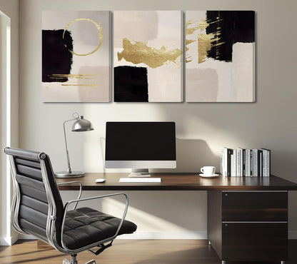 3Pcs Black and White Abstract Canvas Wall Art, Minimalist Black Beige Gold Painting Pictures Wall Decor, Modern Posters Print Artwork, for Living Room Bedroom Office Decoration, 16x24in Framed