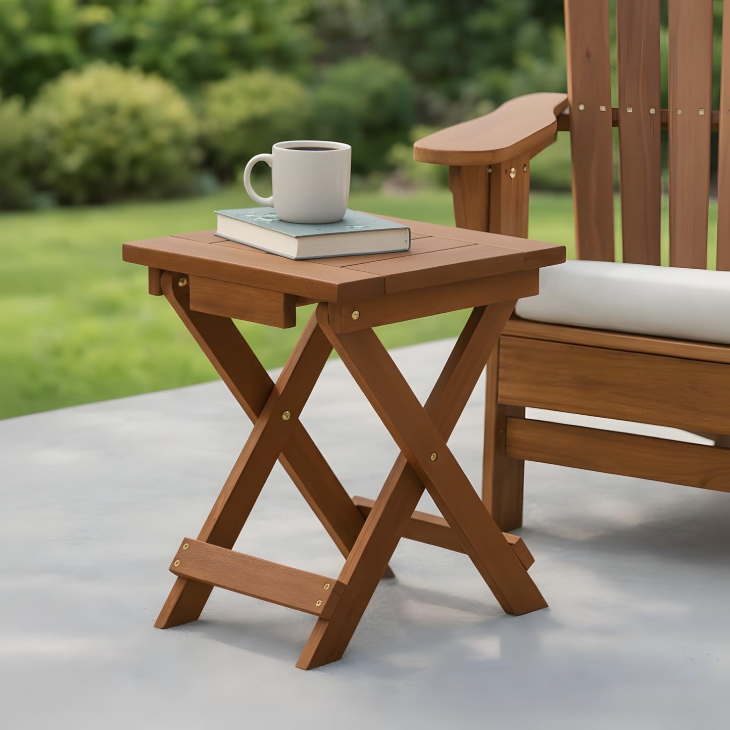 Furinno TIOMAN Folding Outdoor Side Table, Wooden Patio End Table for Garden, Porch, Balcony, Teak Oil, Light Wood