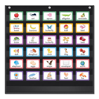 AUVCAS Standard Pocket Chart Clear 7 for Classroom & Home Heavy Duty Hanging Pocket Chart for Word Wall/Letter Cards/Sentence Strips 28Wx28L,Black