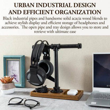 MyGift Premium Acacia Solid Wood and Industrial Black Metal Pipe T-Bar Over Ear Headphones Holder, Tabletop Dual Headphone Display Stand with Accessories Tray