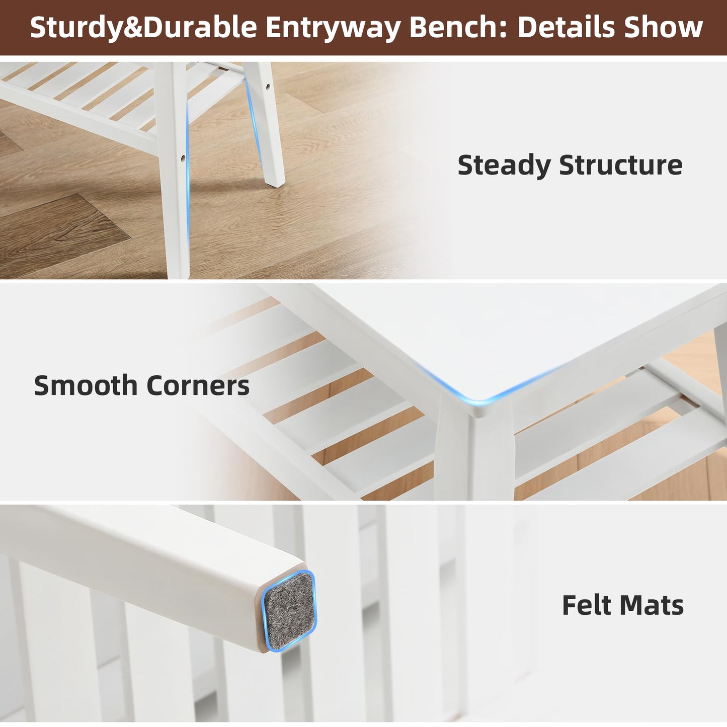 Nnewvante 33.46" White Storage Bench, Bamboo Entryway Bench for Hallway, Living Room, Bedroom, Wood Shoe Rack Wooden Outdoor Bench, Holds up to 300 lbs