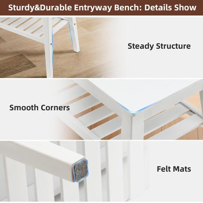 Nnewvante 33.46" White Storage Bench, Bamboo Entryway Bench for Hallway, Living Room, Bedroom, Wood Shoe Rack Wooden Outdoor Bench, Holds up to 300 lbs