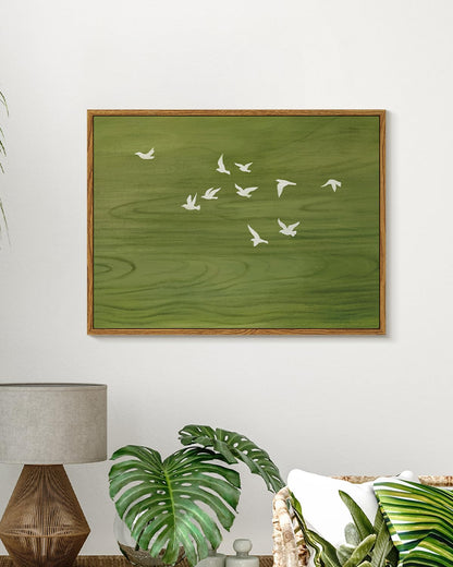 Peaceful Landscape 12x16 Zen Framed Canvas Wall Art, Abstract Minimalist Green Nature Print with Flying White Birds Painting, Modern Bedroom Office Home Farmhouse Calming Spaces Decor