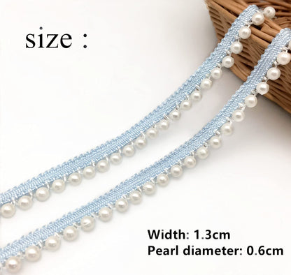 FQTANJU 2 Yards Faux Pearls Lace Ribbon Pearl Fringe Applique, DIY Craft Ribbon Pearl lace Trim for Wedding Party Decoration,Blue