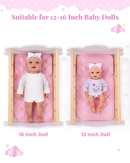 BABESIDE Wooden Baby Dolls Bed for 12-16 Inches Doll, Rocking Babys Doll Crib, Sleep Bed, Baby Dolls Accessories Furniture fit Dolls Boys Girls