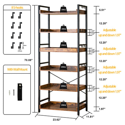 HCHQHS Adjustable 6 Tier Open Bookcase, Rustic Farmhouse Book Shelves, Industrial Wood and Black Metal Bookshelves, Mid Century Bookcase for Home Office Living Room Bedroom
