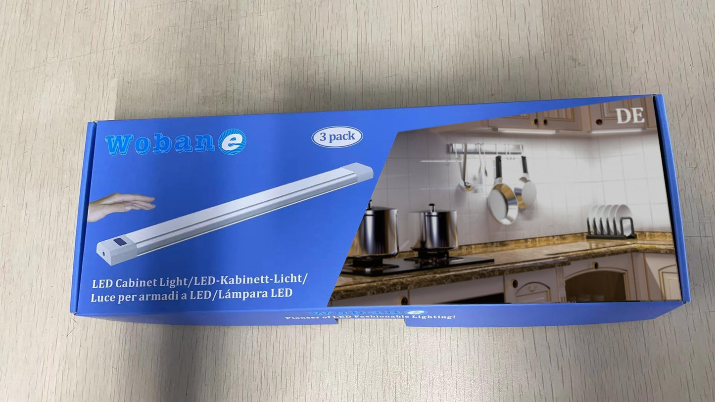 WOBANE Under-Unit Light Kitchen LED Dimmable, Hand Motion Activated, Bright Light Strip with Sensor, 3 x 30 cm LED Kitchen Lighting Under-Unit, Cool White Base Cabinet Lighting for Shelves, Wardrobe