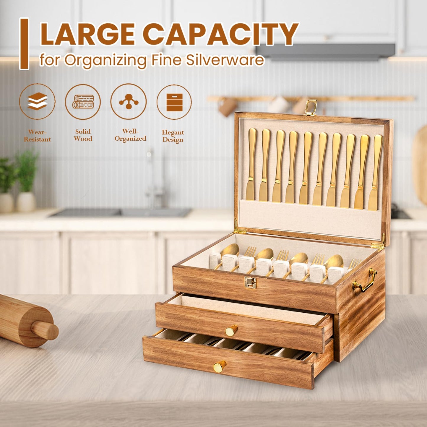 Yoimori Silverware Storage Box, 3-Layer Flatware Storage Case with Drawer, Wooden Silverware Chest with Handle and Linen Liner, Rustic Silverware Case for Storing Fine Flatware and Utensils (Brown)