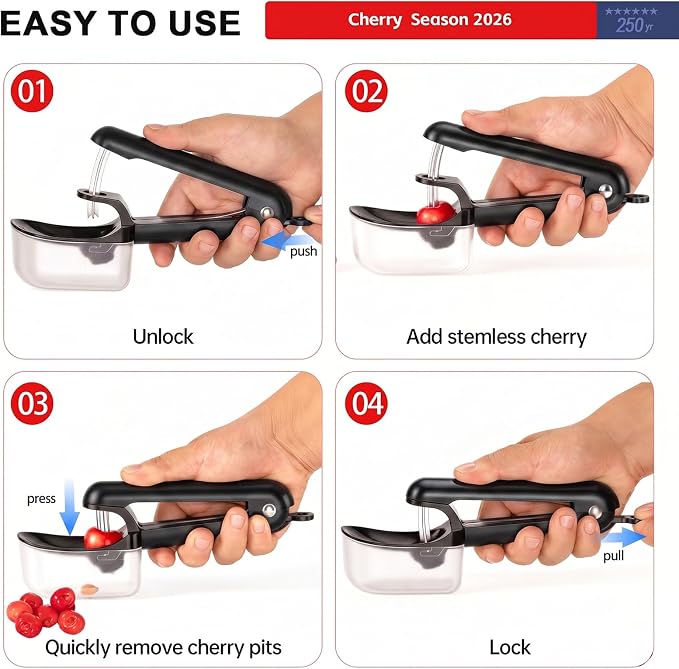 Cherry Pitter Tool Cherries Pitter Stainless Steel Rod for Making Cherry Jam with Lock Design(Black)