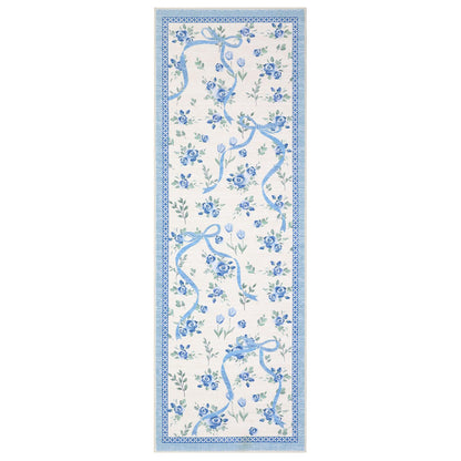 GarveeHome Runners for Hallways Non Slip, 2x6 Kitchen Runner Rug Blue and White Rugs for Bedroom Girls, Low Pile Soft Washable Runner Floral Bow Rug for Nursery Entryway Dorm