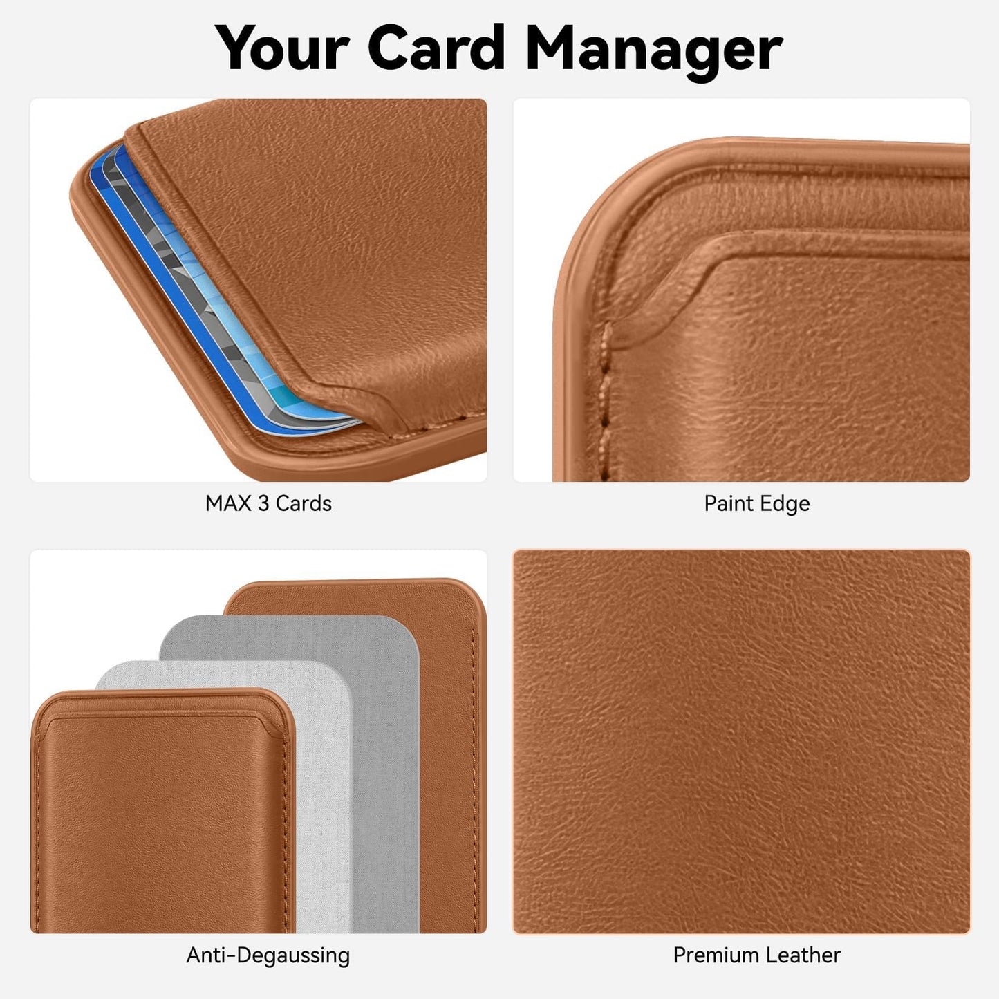 KRTALS Stronger Magnetic RFID Leather Mag-Safe Card Holder for iPhone 16 Series, Mag-Safe Accessories Stick on Series of iPhone 17/16/15/14/13/12 and Pro/Promax, Brown