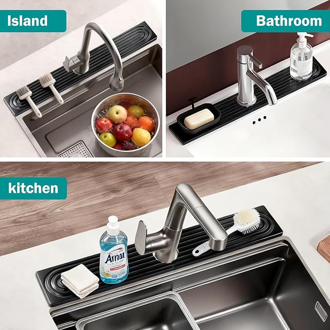 PEKER Teak Wood Faucet Mat for Kitchen Sink 23.6" – Natural Teak Sink Splash