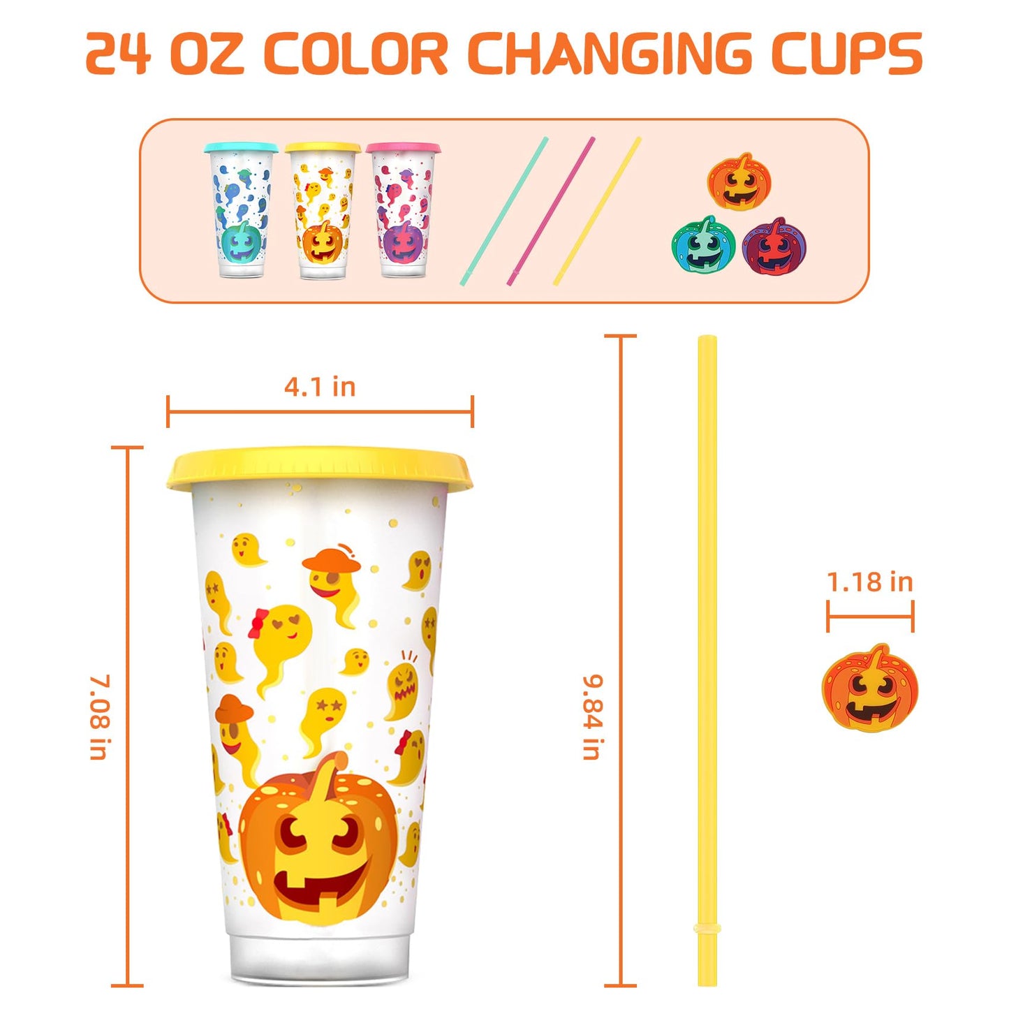Ftabernam Halloween Color Changing Cups, 3-Pack 24 oz Plastic Cups with Lids and Straws, Tumblers and Water Glasses for Adults, Kids Party, Cute Cup for Ice Drink