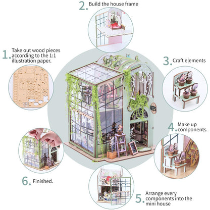 Miniature Flower House Kit - Bookshelf Decor 3D Wooden Puzzle, DIY Flower Dollhouse Booknook Making Kits with Furniture for Adults and Teenagers