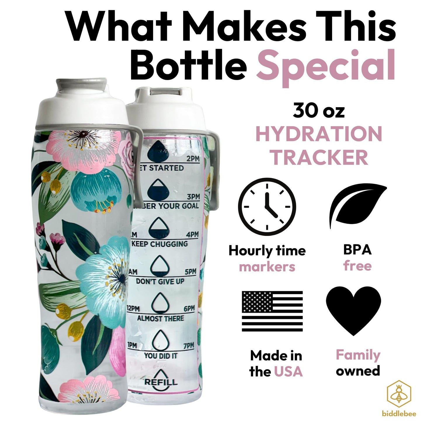 50 Strong Reusable Water Bottle with Time Markers – 30 oz BPA-Free Leakproof Bottle with Chug Cap & Easy-Carry Handle – Made in USA (Pretty Flowers)