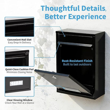 RAINHOL Wall Mount Mailboxes for Outside with Key Lock, Galvanized Steel Locking Mailbox, Waterproof Secure Mail Drop Box, Medium Capacity, 12.6 x 8.5 x 3.3 Inches, Black