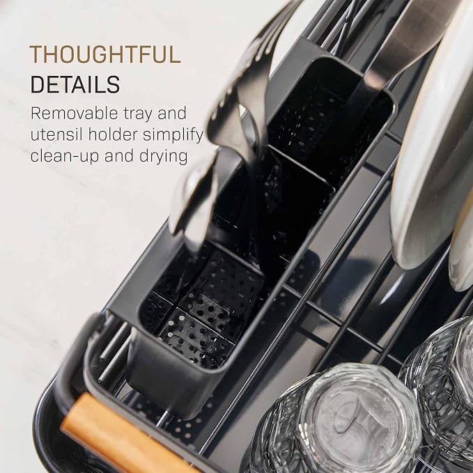 YAMAZAKI Home Dish Drying Rack – Modern Black Dish Rack for Kitchen Counter with Removable Drainer Tray and Cutlery Holder, Steel + Wood Dish Drying Organizer, Small Space-Saving Design