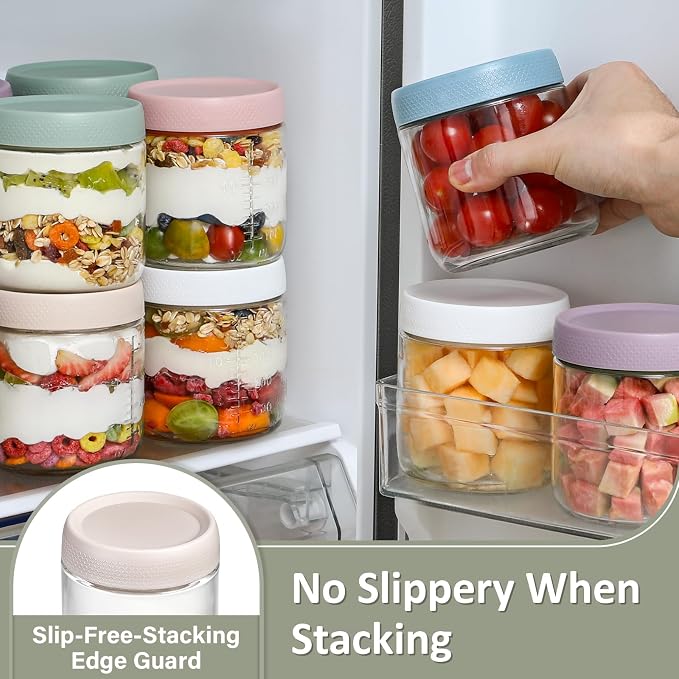 POIKSHARK 6-Pack Overnight Oats Containers with Lids, 16 OZ Wide Mouth Glass Jars with Airtight Lids, Mason Jars Glass Food Containers for Snack Spice Sugar Food Prep Yogurt