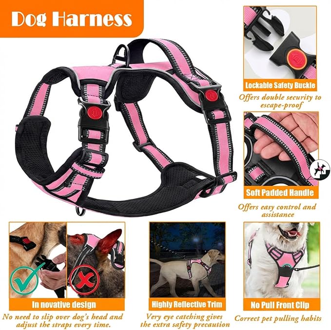 LOBEVE No Pull Dog Harness, Collar & Leash Set | Includes Dog Seat Belt, Collapsible Bowls & Poop Bag Dispenser. Ideal for Training, Walking, Hiking. Fits Small to Large Dogs(Pink-XL)