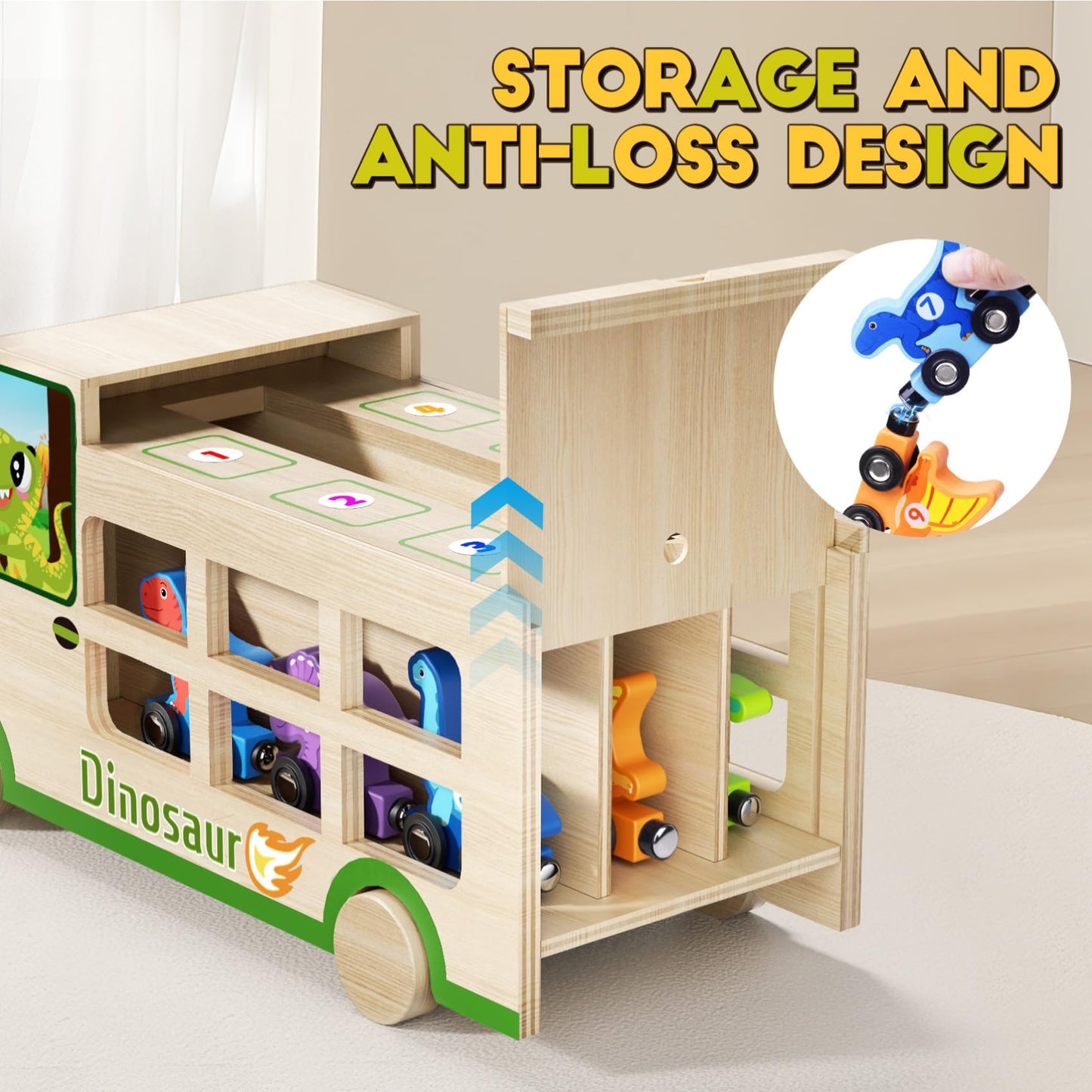 GJZZ Wooden Dinosaur Truck & 10 Magnetic Wooden Dinosaur Train Set