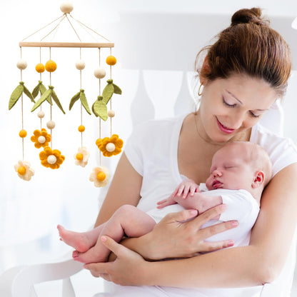 GLACIART ONE Baby Nursery Flower Mobile for Crib | Gender Neutral Mobile for Daisy Nursery Decor | Felt Hanging Leaves & Daisy Flowers Room Decorations Handmade from Natural Wool | Great Gift Idea