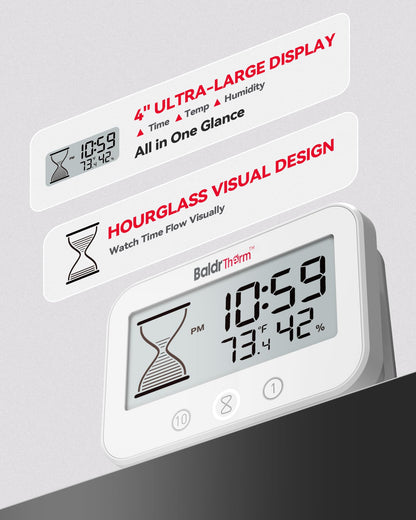 Baldrtherm Digital Timer, Works as a Countdown Timer, Real-time Clock, Hygrometer Thermometer. IP67 Waterproof Safe for Kitchen Bathroom Use. (White)