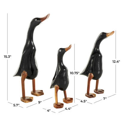 Deco 79 Wood Duck Decorative Sculpture Home Decor Statues with Brown Accents, Set of 3 Accent Figurines 16", 14", 11"H, Black