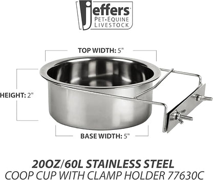 Jeffers Pet Stainless Steel Coop Kennel Cup with Screw On Clamp, 20 Oz – Durable, Rust Resistant Hangable Water & Food Feeder for Kennels, Coops & Cages - Chickens, Duck, Rabbits, Small Animals