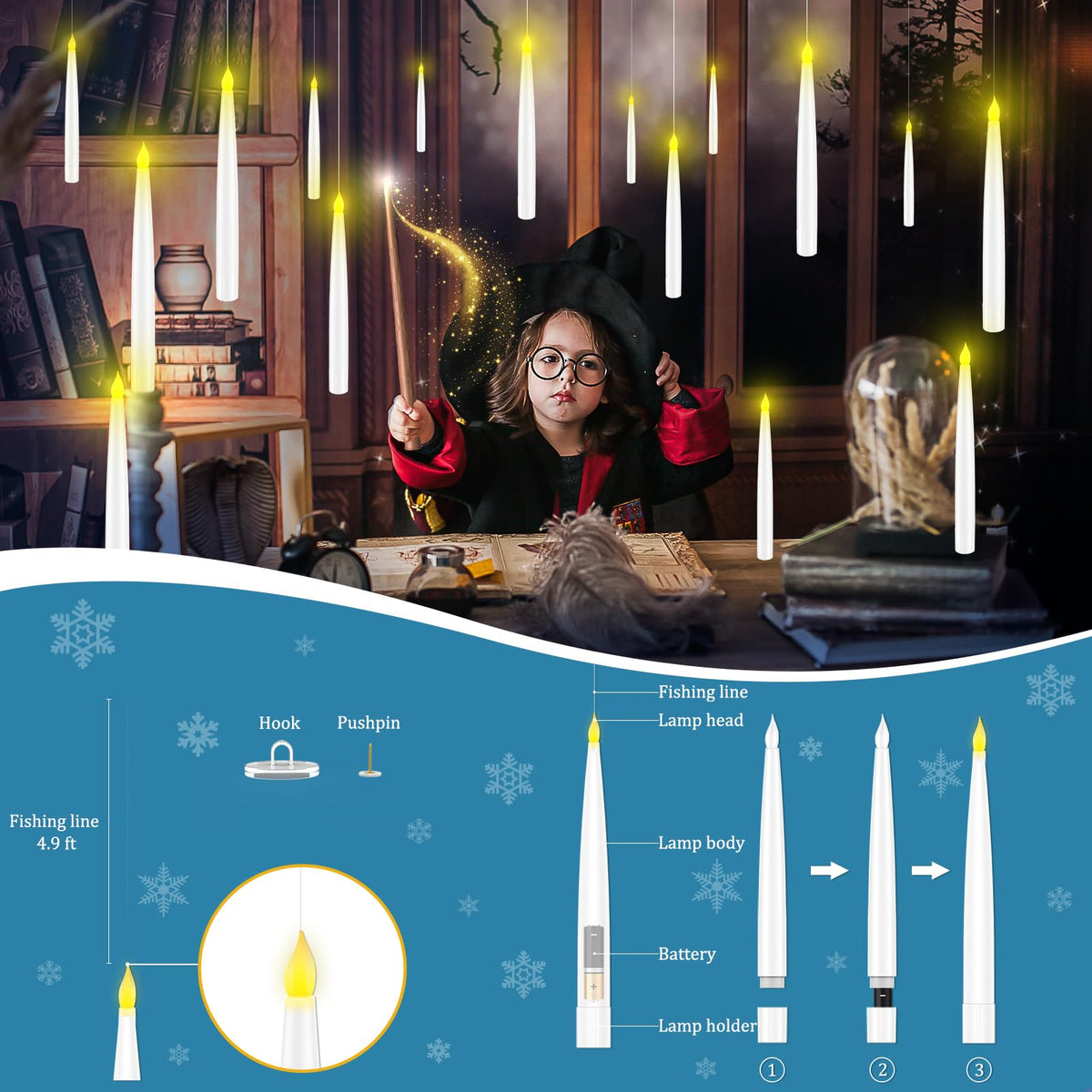 Halloween Decorations, Floating Candles with Wand, Magic Hanging Candles Flickering Warm Light Flameless LED Taper Candle with Wand Remote, Battery Operated Window Candles for Holiday Decor (12 Pack)