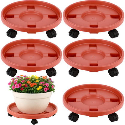 5-pack 11.8" Large Plant Caddy with Wheels Plastic Plant Dolly with Caster Flower Pot Mover Rollers Wheeled Rolling Plant Stands Round Plant Saucer Indoor Outdoor Base Coasters,Terracotta red