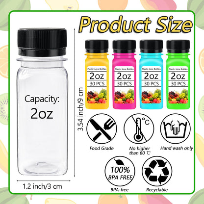 30PCS 2oz Small Plastic Shot Bottles with Caps,Reusable Clear Juice Containers,Empty Plastic Containers with 10 Funnels for Ginger Shots,Liquids,Beverages