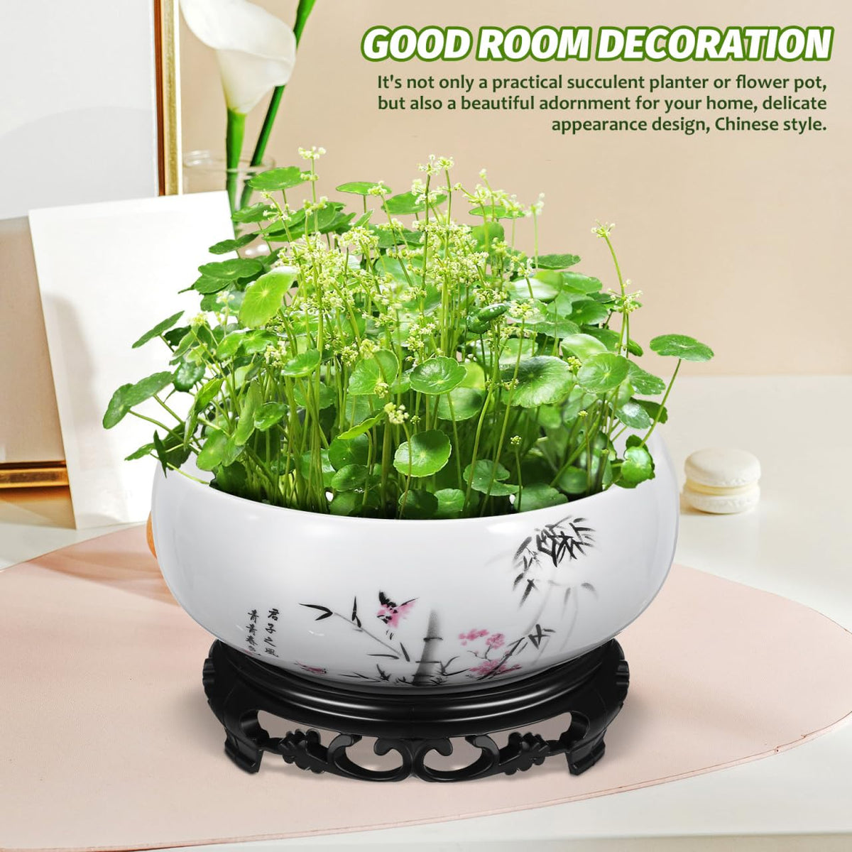 DOITOOL Lotus Bowl Planter, 6.9 Inch Water Lily Bowl Chinese Style Ceramic Lotus Planter, Bonsai Flower Water Lily Pot Hydroponic Pot with Plastic Base