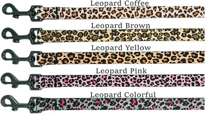 Dog Collar Leash Set, Leopard Pattern, Polyester Material, Adjustable Collar and 5ft Matching Leash, for Medium Dogs.(M, Yellow Leopard)