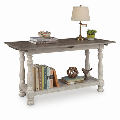 Signature Design by Ashley Havalance Farmhouse Sofa Table, Flip Top Design for Additional Dining Space and Fixed Lower Shelf, Gray & White with Weathered Finish