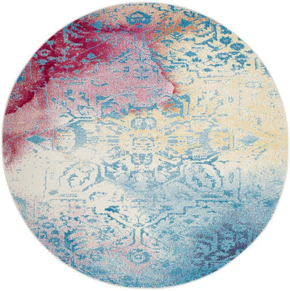 SAFAVIEH Watercolor Collection 6'7" Round Light Blue / Light Yellow WTC620G Boho Chic Overdyed Medallion Non-Shedding Dining Room Entryway Foyer Living Room Bedroom Area Rug
