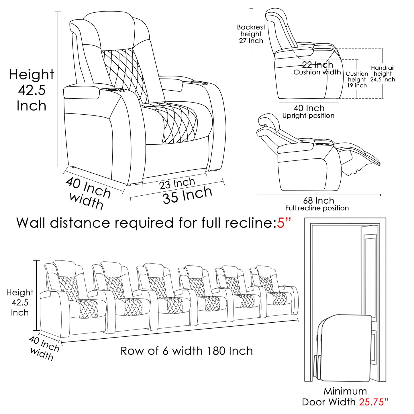 Weilianda Home Theater Seating Top Grain Leather Recliner Chair Power Headrest and Recline Movie Seats Gaming Sofa with Tray Table Type-C USB Charge Cup Holders Row of 6 Black