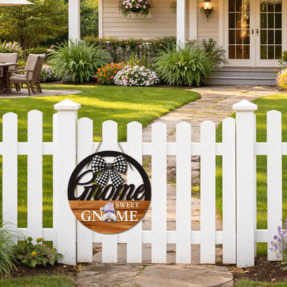 Interchangeable Seasonal Gnome Sweet Gnome Hanging Sign - Farmhouse Front Door Decoration for Spring All Seasons Holidays - Rustic Round Wood Wreaths with 12 Icons(Orange)
