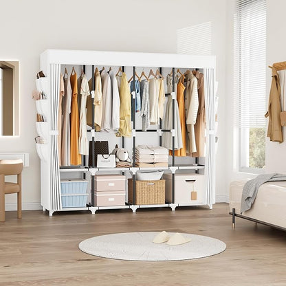 Portable Closet for Hanging Clothes, 67 Inch Wide Portable Wardrobe Closet with Cover, 4 Hanging Rod, Storage Shelves and Side Pockets, Large Free Standing Closet for Bedroom, White