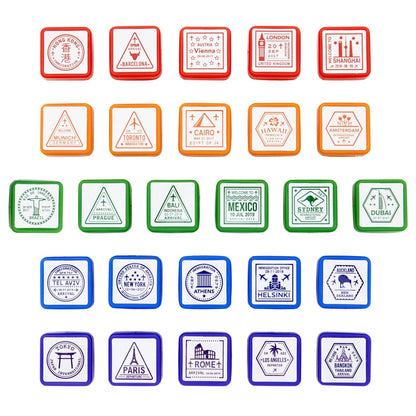 Passport Stamps, City and Country Stamp Set (1 x 1 in, 26 Pieces)