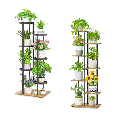 iDavosic.ly 6 Tier Plant Stand Indoor Outdoor Set of 2, Metal Wood Corner Flower Pot Holder Shelf and 50 Inch Tall Orchid Display Rack for Patio Porch Living Room Balcony, Modern Black & Rustic Brown
