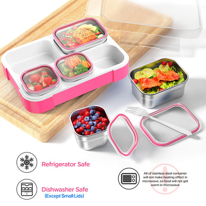 DaCool Stainless Steel Lunch Box Bento for Kids Adults Leakproof BPA-Free Metal Lunch Containers Tray 5-Compartment with Fork for Girls Food Snack Containers for School Outdoors, Pink