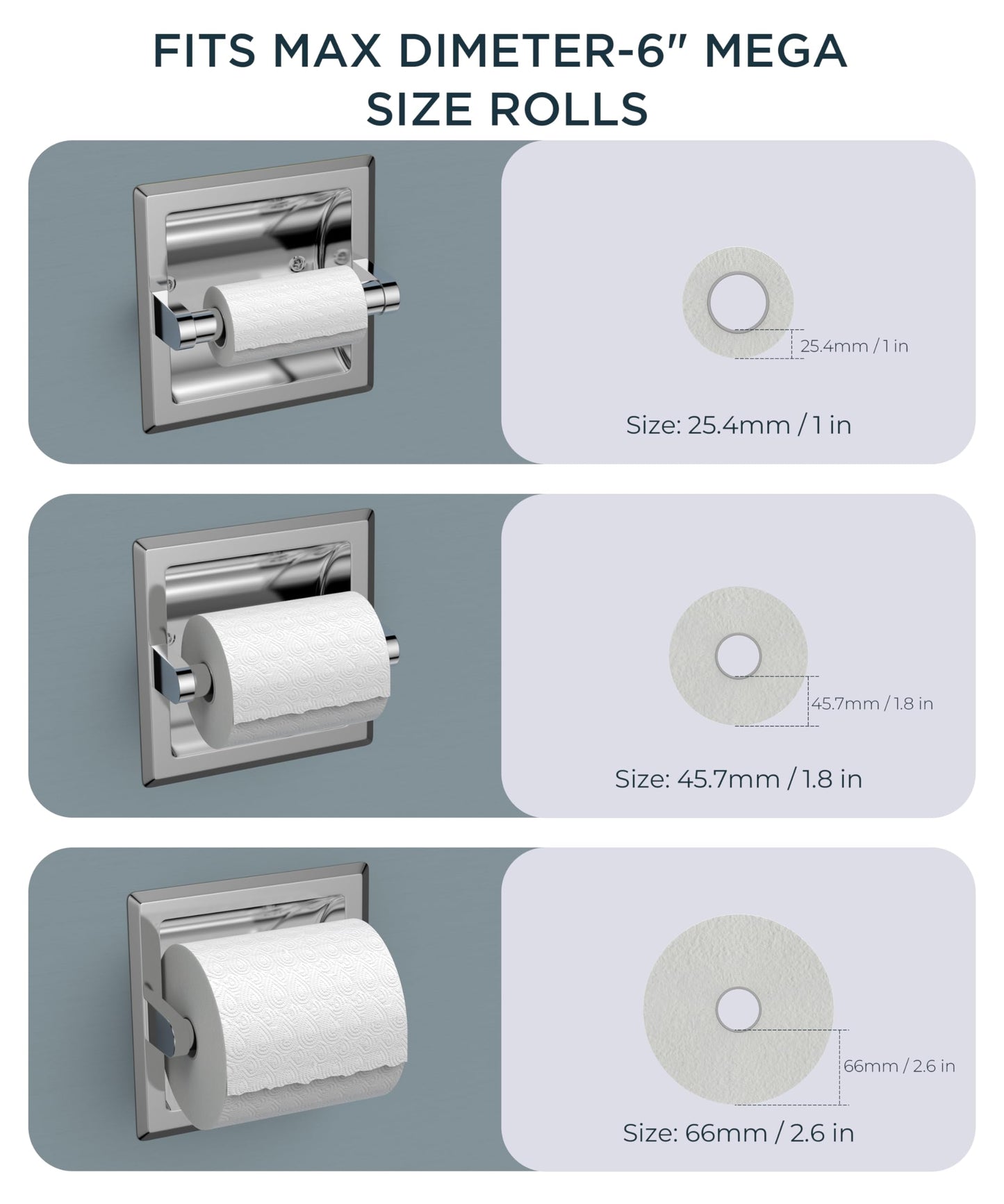 FORIOUS Recessed Toilet Paper Holder, Stainless Steel Durable Tissue Roll Holder Wall Mount for Bathroom Space Saving Design with Mounting Bracket, Wall Toilet Paper Dispenser Insert, Chrome
