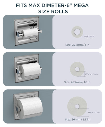 FORIOUS Recessed Toilet Paper Holder, Stainless Steel Durable Tissue Roll Holder Wall Mount for Bathroom Space Saving Design with Mounting Bracket, Wall Toilet Paper Dispenser Insert, Chrome