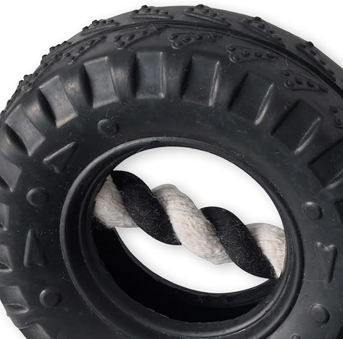 Pet Passion Natural Rubber Tire and Organic Cotton Rope Pull and Chew Dog Toy for All Pet Breeds, Black, Small